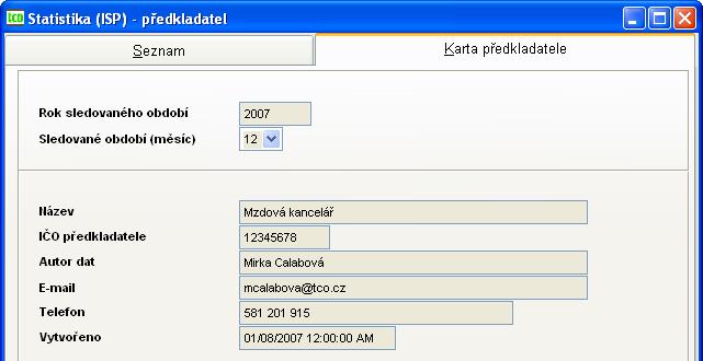 Obr. 102 ISP karta o předkladateli Věta o předkladateli čerpá údaje z nastavení, a to nastavení o firmě.