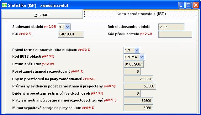 Rok a období se čerpá za zadání, datum z aktuelního nastavení data v počítači. Statistika evidence o zaměstnavateli zál. Karta zaměstnavatele (Obr. 103) Obr.