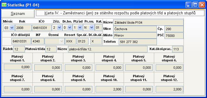 109 Evidence o platových třídách P104 karta Statistika evidence o zaměstnancích Věta o zaměstnancích se