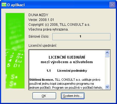 112), mj. zobrazuje sériové číslo našeho software. Tlačítko zpřístupňuje druhou obrazovku s dalšími technickými údaji.