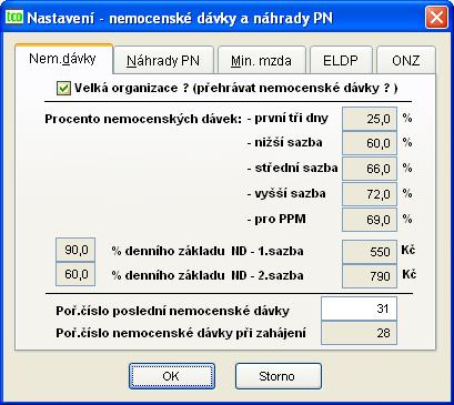 Obr. 32 Nastavení nemocenské dávky Velká organizace? (přehrávat nemocenské dávky?) ANO/NE má význam pro nemocenské s počátkem v roce 2008 přecházející do roku 2009.