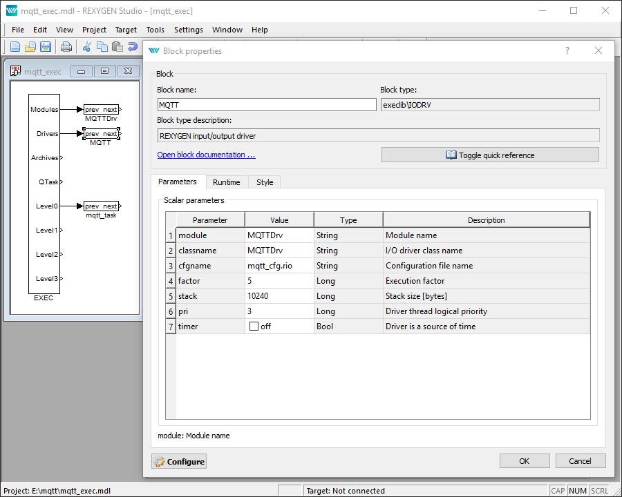 Obrázek 2.1: Příklad hlavního souboru projektu se zavedeným MQTTDrv ovladačem Záložka Connection zobrazená na obr. 2.2 obsahuje konfiguraci připojení k externímu MQTT Broker zařízení.