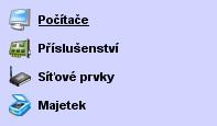 2) SPRÁVA POČÍTAČŮ V APLIKACI HELPDESK Menu v modulu Správce IT je přizpůsobeno konvencím programu Správce IT a je rozděleno do následujících částí: Počítače, Příslušenství, Síťové prvky a Majetek