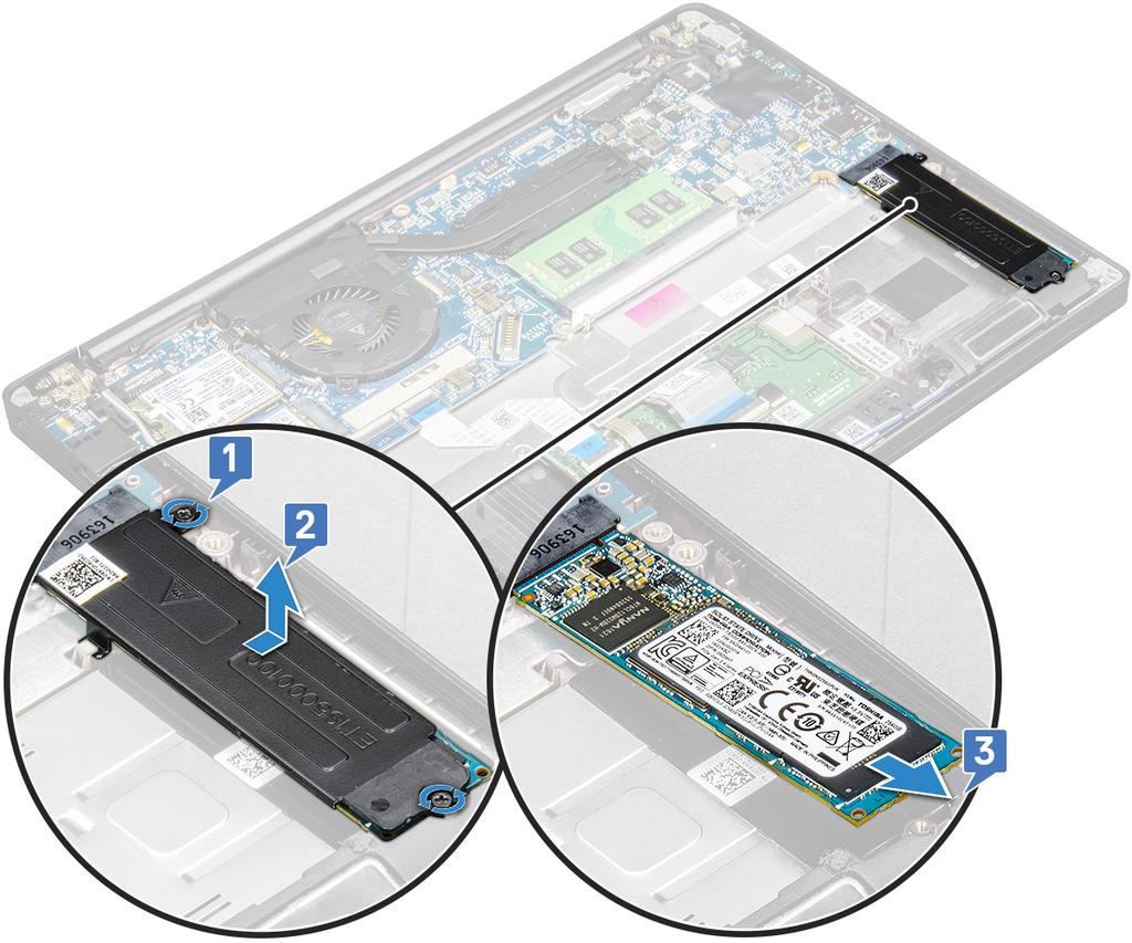 Montáž jednotky SSD 1 Zasuňte jednotku SSD do konektoru. 2 Namontujte držák disku SSD nad jednotku SSD.