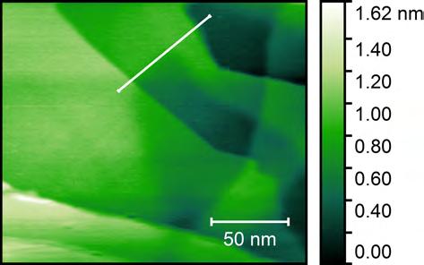 Parametry STM měření: napětí na vzorku 250 mv, setpoint tunelovacího proudu 91 pa, rychlost rastrování 197 nm/s. Vpravo snímek v FM-AFM módu (původní data bez úprav).