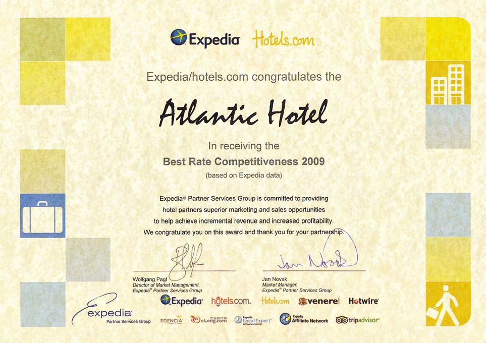 OCENĚNÍ NAŠICH PROVOZŮ HOTEL ATLANTIC byl již dvakrát oceněn jednou z významných online cestovních kanceláří Expedia.com.