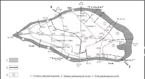 Revuckaja et al., 2010). V lomu Bogatyr, který leží při jz. okraji pánve, je všeobecný úklon slojí směrem na sever a severovýchod, do centrální části pánve. V revírech 5,6 (obr.