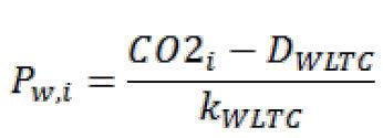 Skutečný výkon na kolech se vypočítá na základě měřeného hmotnostního toku CO 2 pomocí této rovnice: přičemž CO 2 v [g/h] P W,j v [kw] Výše uvedenou rovnici lze použít k získání hodnoty P Wi pro
