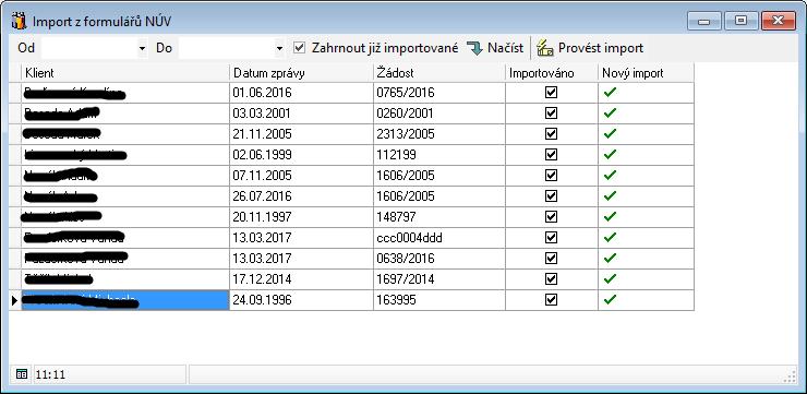 Tlačítkem Načíst můžete rovnou zobrazit seznam všech uložených a zatím neimportovaných NÚV formulářů. Samotný import ze všech zobrazených spustíte tlačítkem Provést import.