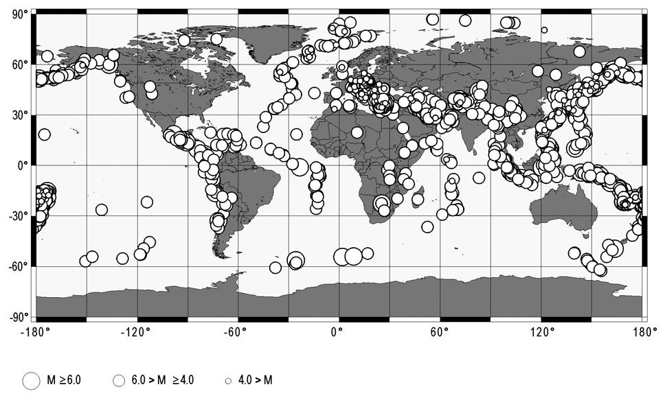 Obr. 3: Schematická mapa epicenter seismických jevů registrovaných stanicí VRAC v roce 2017 (celý svět). Fig.