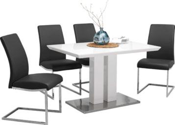 Jídelna, skládá se z: jídelního stolu v bílé barvě s vysokým leskem, podstavec z kartáčované ušlechtilé oceli, cca 120x80 cm,