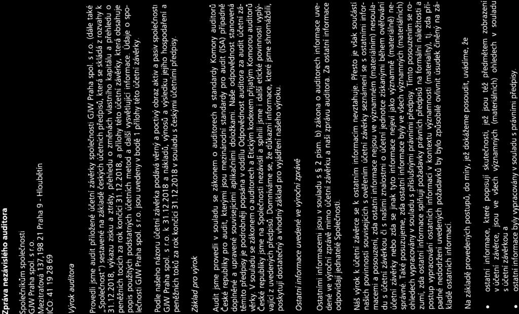 Rödl Partner Zpráva nezávislého auditora Společníkům společnosti GJW Praha spol. s r.o. Mezitratová 137,198 21 Praha 9 - IČO: 41192869 Hloubětín Výrok auditora Provedli jsme audit přiložené účetní závěrky společnosti GJW Praha spol.