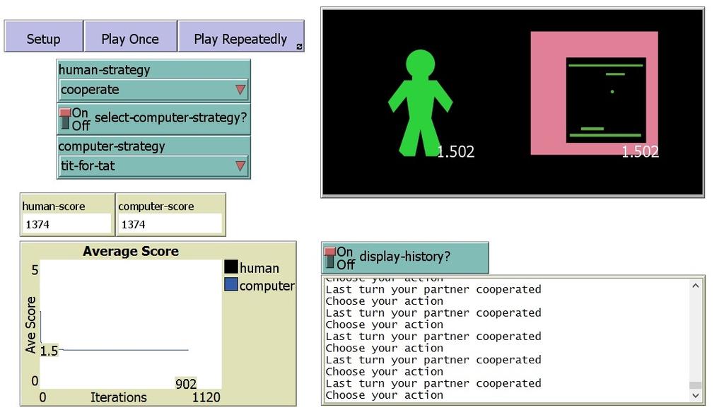 2.5.2 Simluace Axelrodova turnaje K této simulaci jsem využila Netlogo. Je v kruhu tzv. multi-agent programovatelné modelovací prostředí.