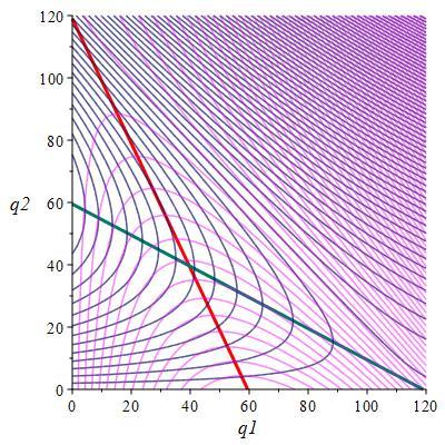 Izozisky firmy K1 jsou zobrazeny jako křivky, které obsahují všechny výstupy q 1, q 2, které přinášejí firmě K1 stejný zisk π 1.