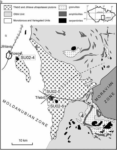 Fig. 1. Geology of Třebíč Pluton, exami ned location (red point) (FINGER et al. 1997). Obr. 1. Geologická situace třebíčského plutonu s vyznačenou lo - kalitou (červený bod) (FIN- GER et al. 1997). Fig.