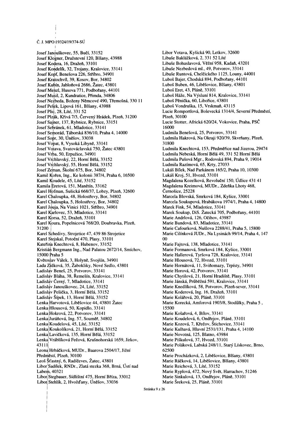 Č. J. MPOil 9324/19/374-SÚ I Josef Janouškovec, 55, Bučí, 33152 Josef Klogner, Družstevní 120, Blšany, 43988 Josef Koďera, 16, Dražeň, 33101 Josef Kondelík, 32, Trojany, Královice, 33141 Josef Kopf,