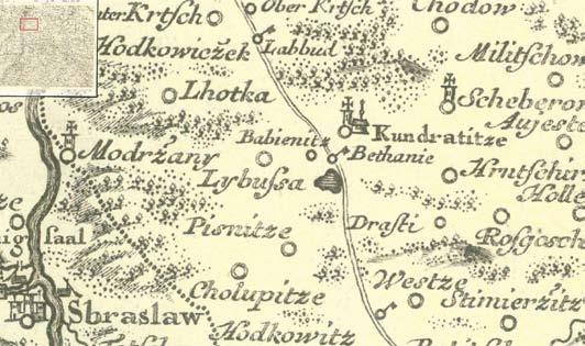 Obr. 3. Müllerovo mapování (1720), list č. 13 výřez Obr. 4. Mapa I. vojenského mapování, (1764-1768), Čechy, list č.