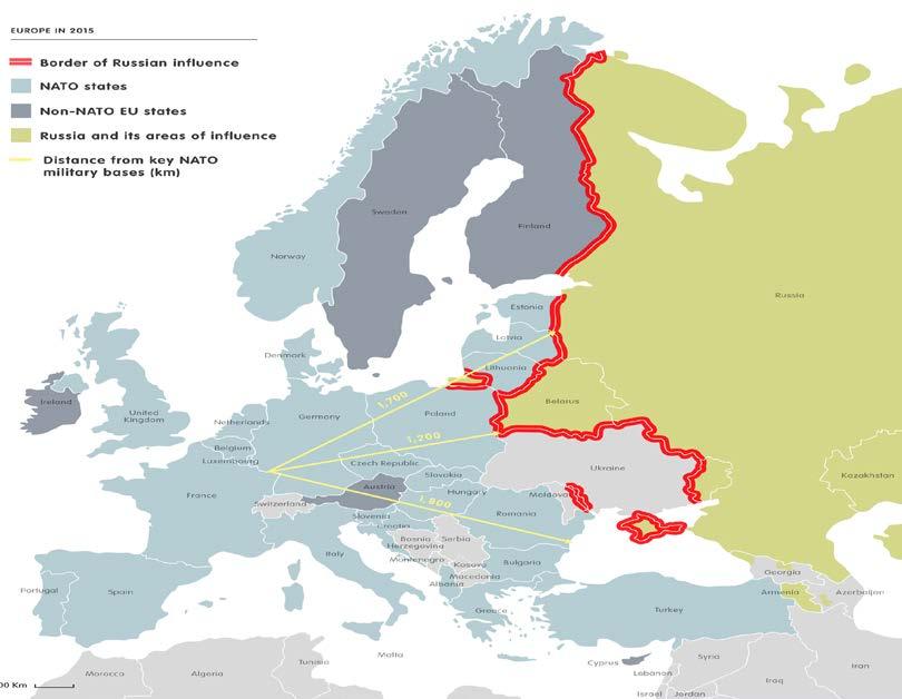 Obrázek 2. Vzdálenost klíčových vojenských základen NATO od východních hranic Aliance (Gressel 2015: 11).