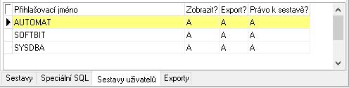 Obrázek: Nastavení práv uživatelů exportu do dalších formátů V poslední záložce Exporty je možné zakázání obecných exportů dat z daného formuláře a to hlavně do Excelu, ale i do dalších formátů CSV a