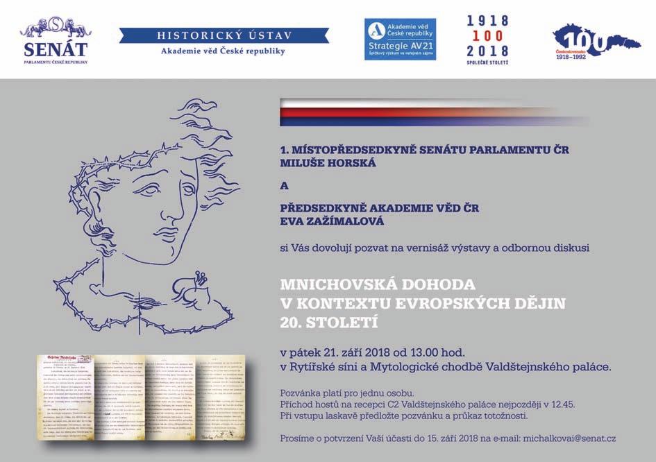 Mnichovská dohoda 1938 v kontextu evropských dějin 20. století. Místo a datum konání: Praha, 21. 9. 2018. Pořadatel: Historický ústav AV ČR, v. v. i.