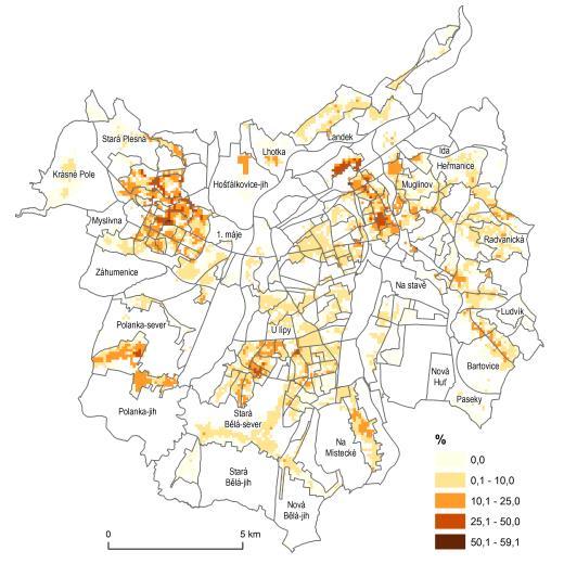 Obrázek Podíl dostupných zaměstnavatelů na Olomoucku a Ostravsku na 22:00 (Horák et al., 2018) Všechny podobné ukazatele mohou být definovány ve dvou různých přístupech (Horák et al. 2018). Prvním je z pohledu rezidenta, kdy se hodnotí počet cílů, kam může rezident dojet.