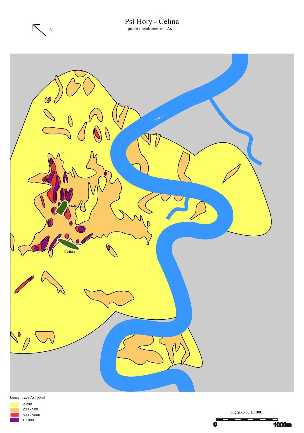 Obr. 5: Schématická metalometrická mapa koncentrace As v oblasti důlního revíru