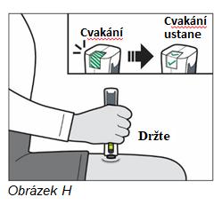 Mohlo by dojít k náhodnému uzamknutí pera. b. Pero pevně zatlačte do místa podání injekce a držte jej. Uslyšíte, že se spustí cv