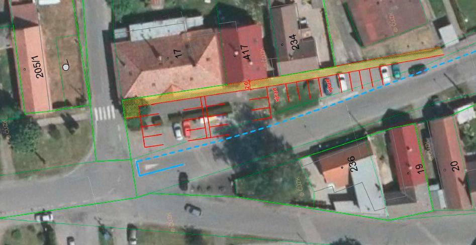 Hlasování o realizaci revitalizace okolí MŠ včetně parkoviště ke křižovatce U Radlů dle návrhu viz. obr., rozdělit revitalizaci do dvou etap., začít s I. etapou (od MŠ Kuřátko) letos, II.