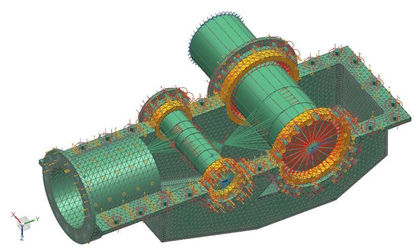 VÝPOČET MKP Pro výpočet MKP byl zvolen obal převodovky. Byla použita síť tetrahedral s meziuzlovými prvrky CTETRA(10) o velikosti elementu 12mm.