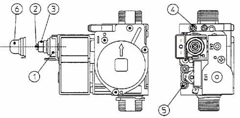 SEŘÍZENÍ VÝKONU - PLYNOVÝ VENTIL SIT 845 1 - Modulační cívka 2 - Šroub k regulaci minimálního výkonu 3 - Šroub k regulaci maximálního výkonu 4 - Tlakový vývod na výstupu plyn.