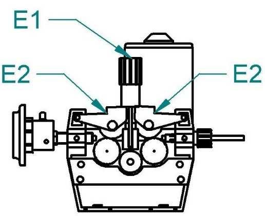 Velikost drážky na kladce lze přečíst na kladce E5, zvedněte páku E1 a prostrčte drátěnou elektrodu skrze kapiláru E3 a kapiláru EURO konektoru E4. Posuv drátu 4-kladka 2.