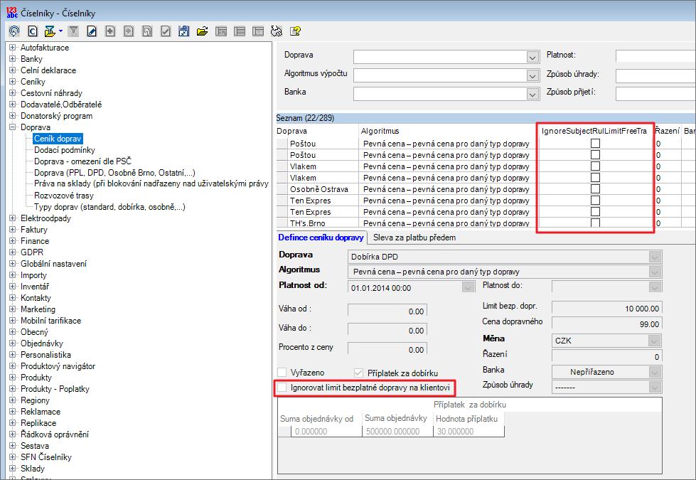 Ignorování limitu bezplatné dopravy Verze 1.11.3.0 Do číselníku Ceník doprav byl na záložku Definice ceníku dopravy přidán checkbox Ignorovat limit bezplatné dopravy na klientovi.