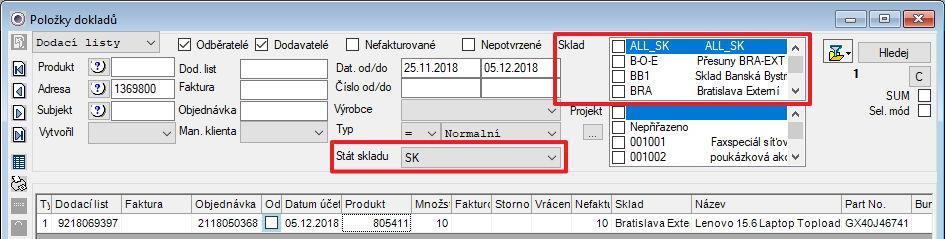 Stát skladu na položkách dodacích listů V modulu Položky dokladů pohled Dodací listy byla do filtru přidána roletka Stát skladu.