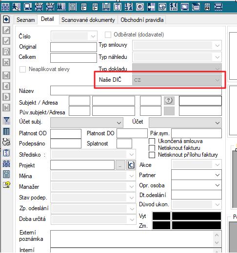 Naše DIČ pro smlouvy a úprava pro doklady z nich generované V modulech Smlouvy odběratelské a Smlouvy dodavatelské přibyla roletka Naše DIČ a zobrazuje se, je-li globální parametr gpusemorevatrate
