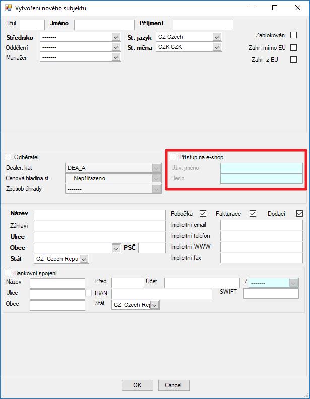 Verze 1.11.0.4 Nastavení přístupu na e-shop pro externí uživatele Byla změněna část formuláře pro založení nového subjektu.