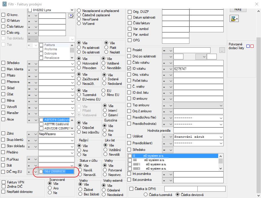 Rozšířený filtr dokladů, faktur V rozšířeném filtru dokladů a faktur došlo ke změně vyhledávacího parametru DIČ reg.eu z roletky na zaškrtávací list.