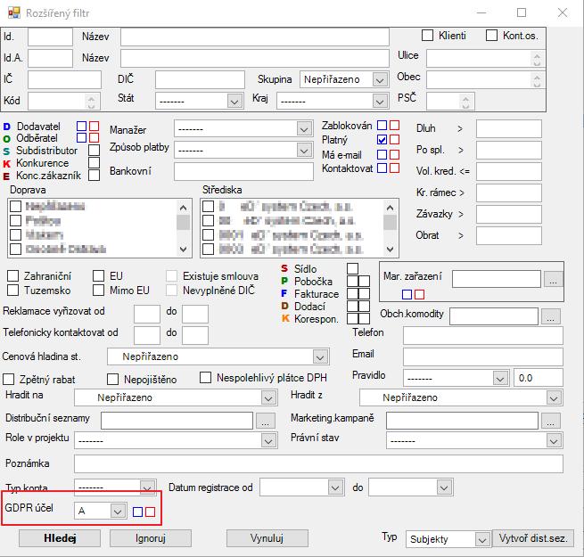 Pro tvorbu dynamických distribučních seznamů byl upraven rozšířený filtr v pohledu Seznam všech osob, kde byl přidán parametr vyhledávání GDPR účel.