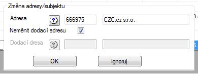 Objednávky Verze 1.9.8.2 Úprava contextového volby Změnit adresu/subjekt. Přidána volba Neměnit dodací adresu. Při zatržené volbě nebude aktuální dodací adresa změněna.