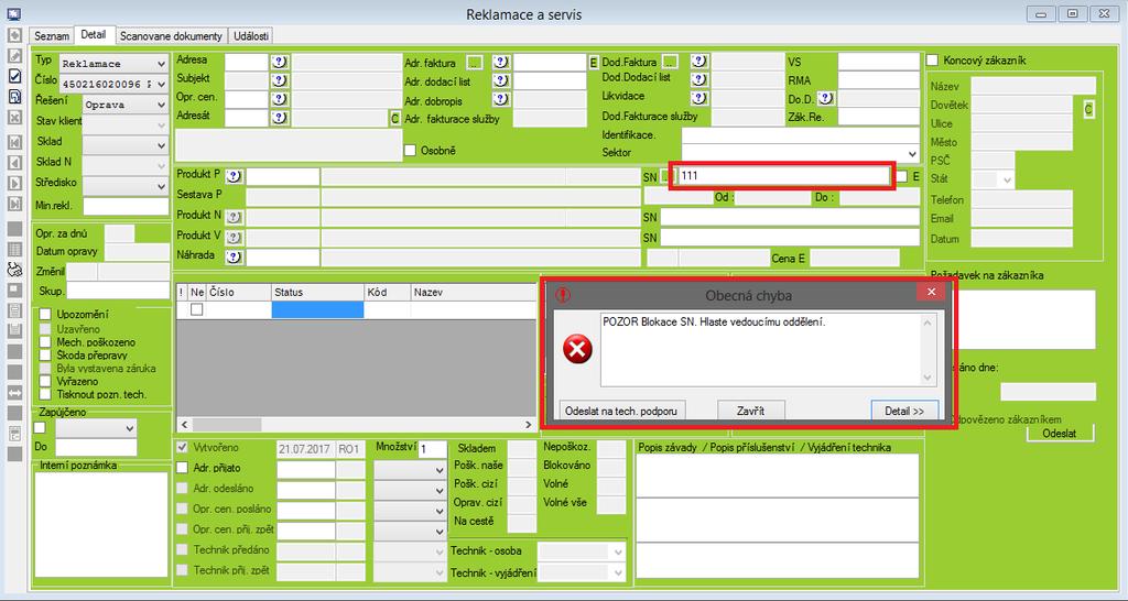 V číselníku Reklamace - Blokace SN se nastavují blokované sériové čísla.