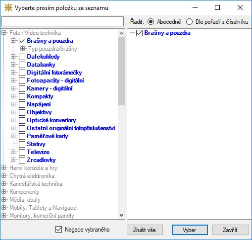 Zatržení Negace vybraného znamená, že vyhledáváno bude vše krom vybraných položek. Tento výběr se pak v textu označí slovem mimo (vybrané položky).