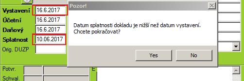 Modul faktury prodejní Verze 1.9.5.0 Do modulu prodejních faktur doplněna kontrola na to, zda je datum splatnosti dokladu nižší (starší) než datum vystavení.