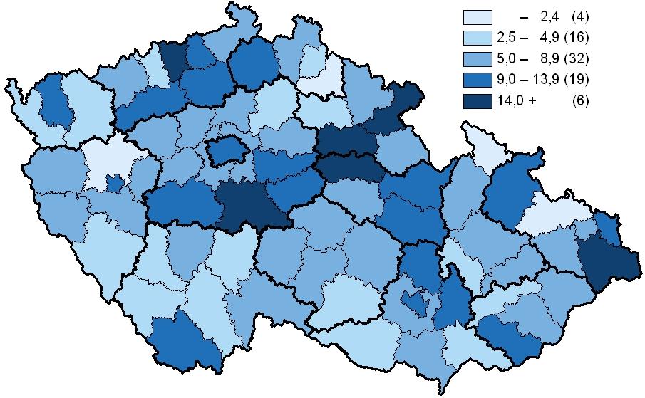 Okresy České republiky Districts of the Czech Republic Počet hlášených