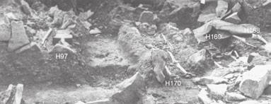 33 Obr. 16: Detail snímku, zachycujícího nálezovou situaci H97, 168-170. Neg. č. 66958. Fig. 16: A detail of a photograph of the situation of H97, 168-170. Negative No. 66958. kovaně poškozena mladšími hroby.