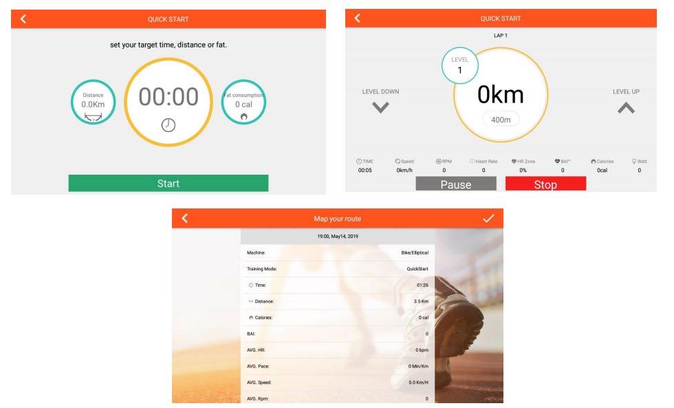 A. QUICK START Režim rychlého startu: 1. Nastavte hodnoty tréninku (DIST/TIME/CAL vzdálenost, čas, kalorie),stiskněte START začněte cvičit a hodnoty se budou přičítat.. 2.