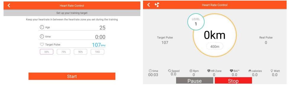 F. HEART RATE CONTROL Režim kontroly srdečního pulsu: 1. Nastavte AGE - věk/ TIME - čas/ TARGET 55% 75% 90%- cílovou hodnotu pulsu,stiskněte START pro zahájení tréninku. 2.