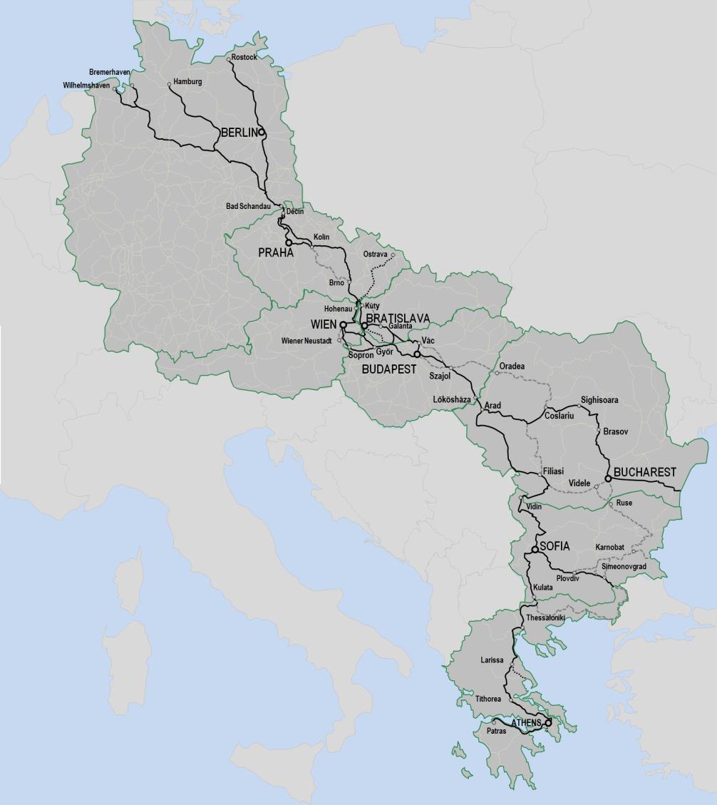 Koridor Orient/Východo-středomořský Popis koridoru Wilhelmshaven/ Bremerhaven/ Hamburg/ Rostock Praha Vídeň / Bratislava
