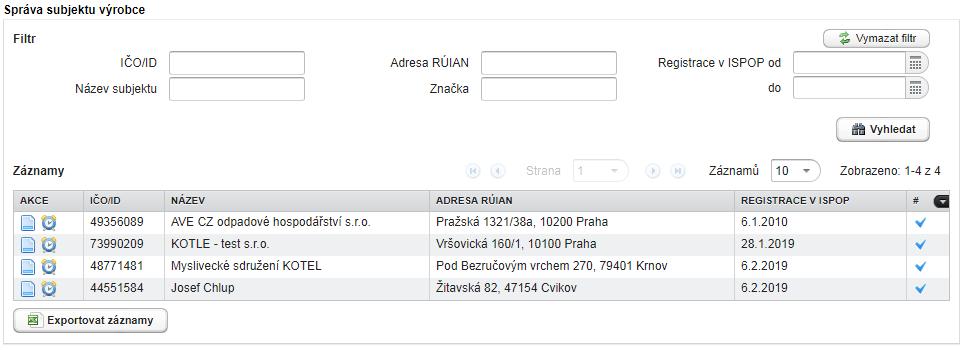 6.2. Správa subjektu Výrobce V záložce Správa subjektu výrobce je k dispozici přehled všech subjektů s rolí OZO Výrobce, u kterých je uživatel Správcem