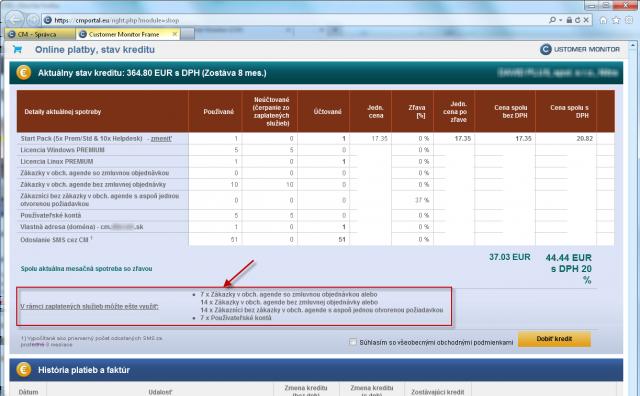 Obrázek: Sumarizace čerpaných služeb a služby, které zůstaly nevyužity v rámci zaplaceného poplatku Kredit a Online platby Jedná se o výchozí možnost placení služby CM.
