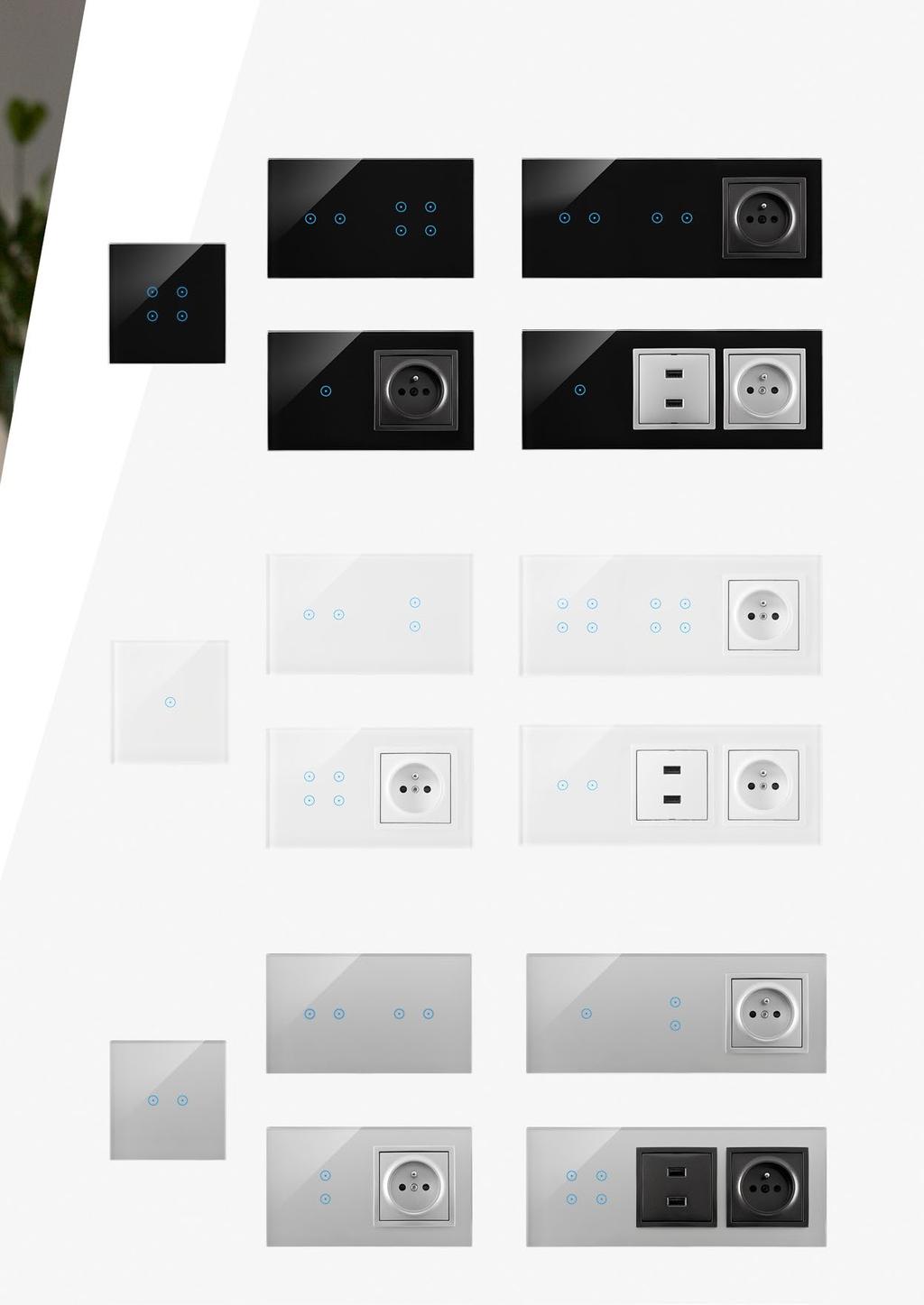 Spínač/tlačítko dvojitý a žaluziový ovladač dvojitý Dva spínače/tlačítka dvojité a zásuvka silová Dvojitý žaluziový ovladač Spínač/tlačítko jednonásobný a zásuvka silová Spínač/tlačítko jednonásobné,