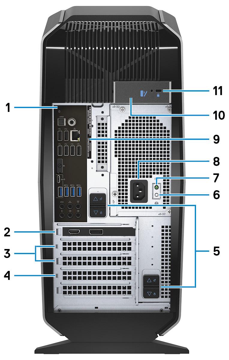 Vzadu 1 Zadní panel Slouží k připojení zařízení USB, video a zvukových zařízení a dalších zařízení.